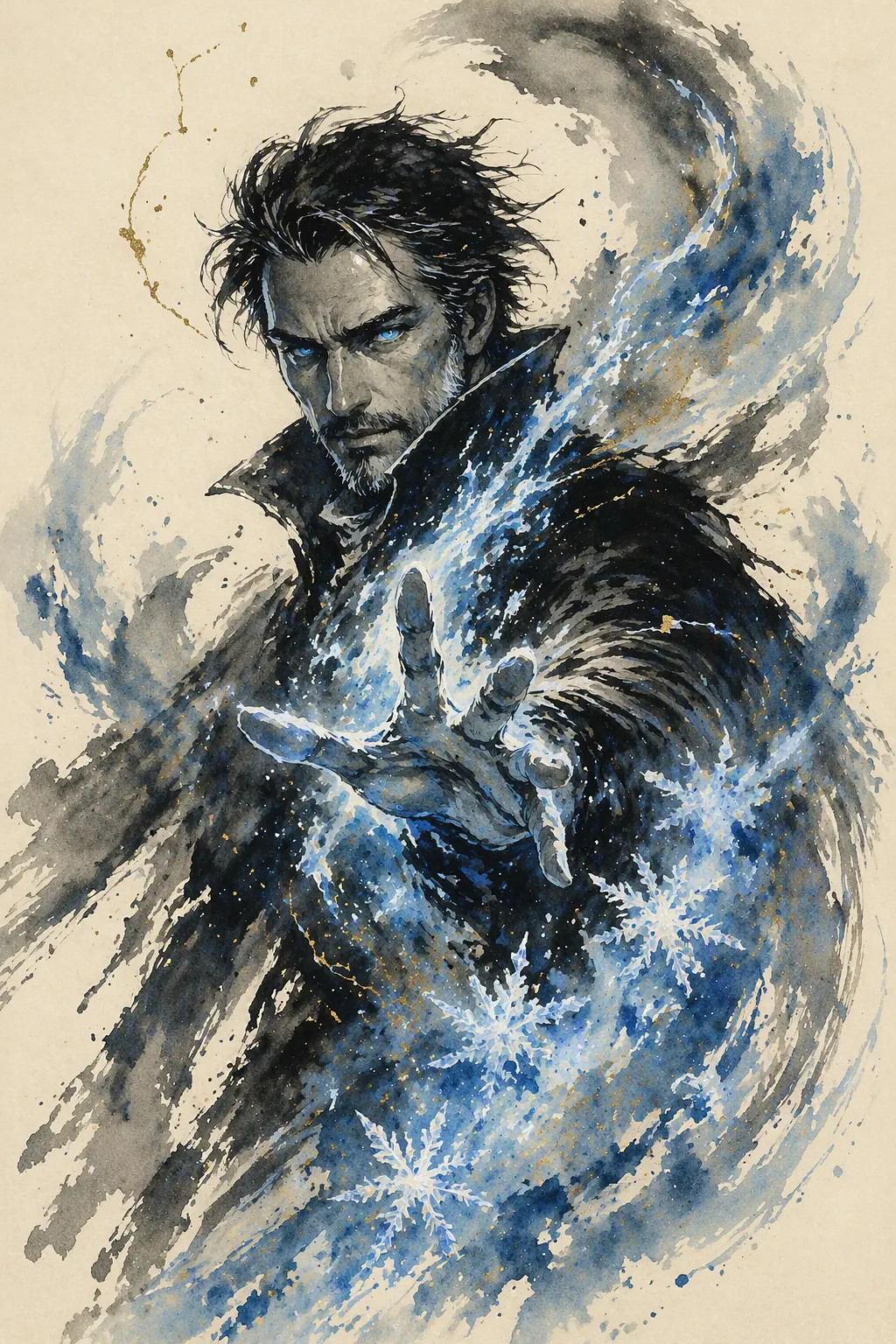 Aldric, the Unbound — a lean frost mage painted in black ink, frost-blue magic swirling from his hands, eyes a cold clear blue