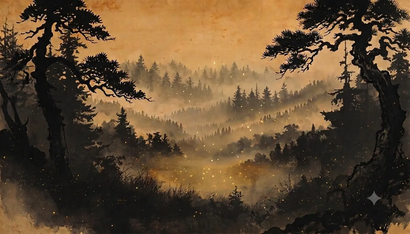 The Gloaming Glade — warm amber light pooling in a dark ink-painted forest, drifting with fireflies