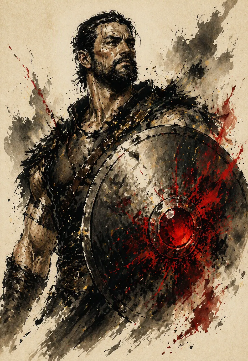 Harald Ironward — a broad, soot-marked blacksmith painted in ink, holding a shield set with a glowing ruby