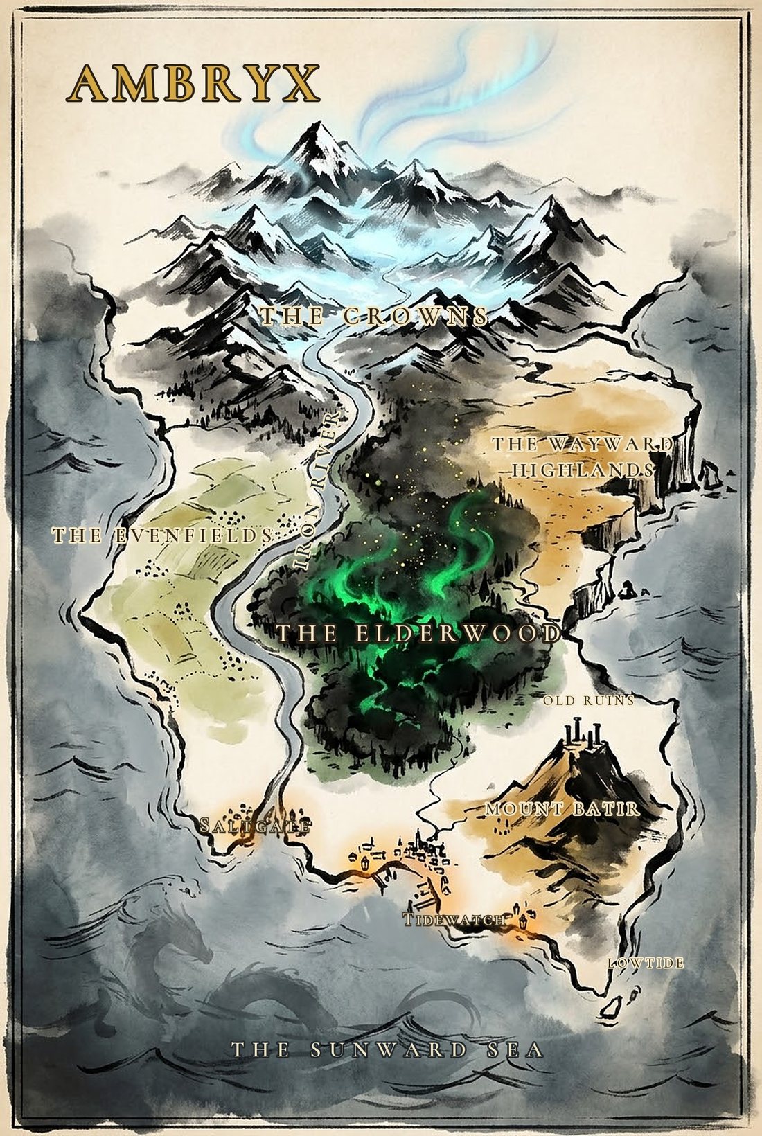 A hand-painted sumi-e map of Ambryx — the Crowns mountain ranges in the north, the Iron River running south through the dark Elderwood to Saltgate on the coast, the Evenfields in the west, the Wayward Highlands in the east, Mount Batir and the Old Ruins in the southeast, and the Sunward Sea below