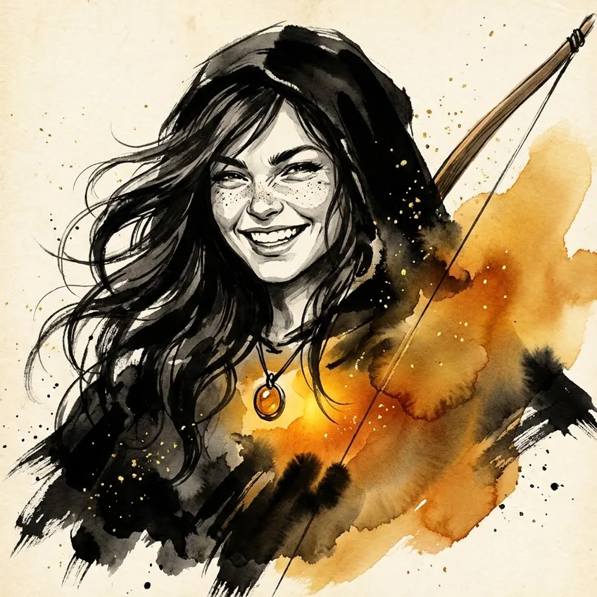 Astrid, the Smiling Snare — an ink-painted young huntress in a pushed-back green hood, dark hair loose, an amber bead at her throat and a yew bow-stave at her shoulder, smiling like she already knows the answer