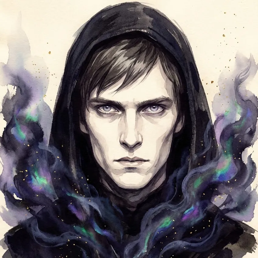 Skarn, the Unburied — an ink-painted young man in a dark hood, cold and unmoved, indigo smoke shot with green and violet glints rising from the near-black stone at his throat