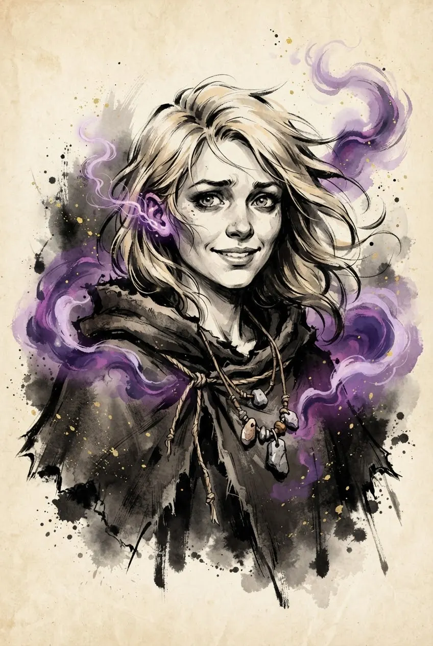 Tova, of the Quiet Hour — an ink-and-watercolor wanderer mid-spell, long blonde hair swept by the wind, a violet-magenta whisper of magic spiraling from her raised hand, a glowing amethyst pendant at her throat