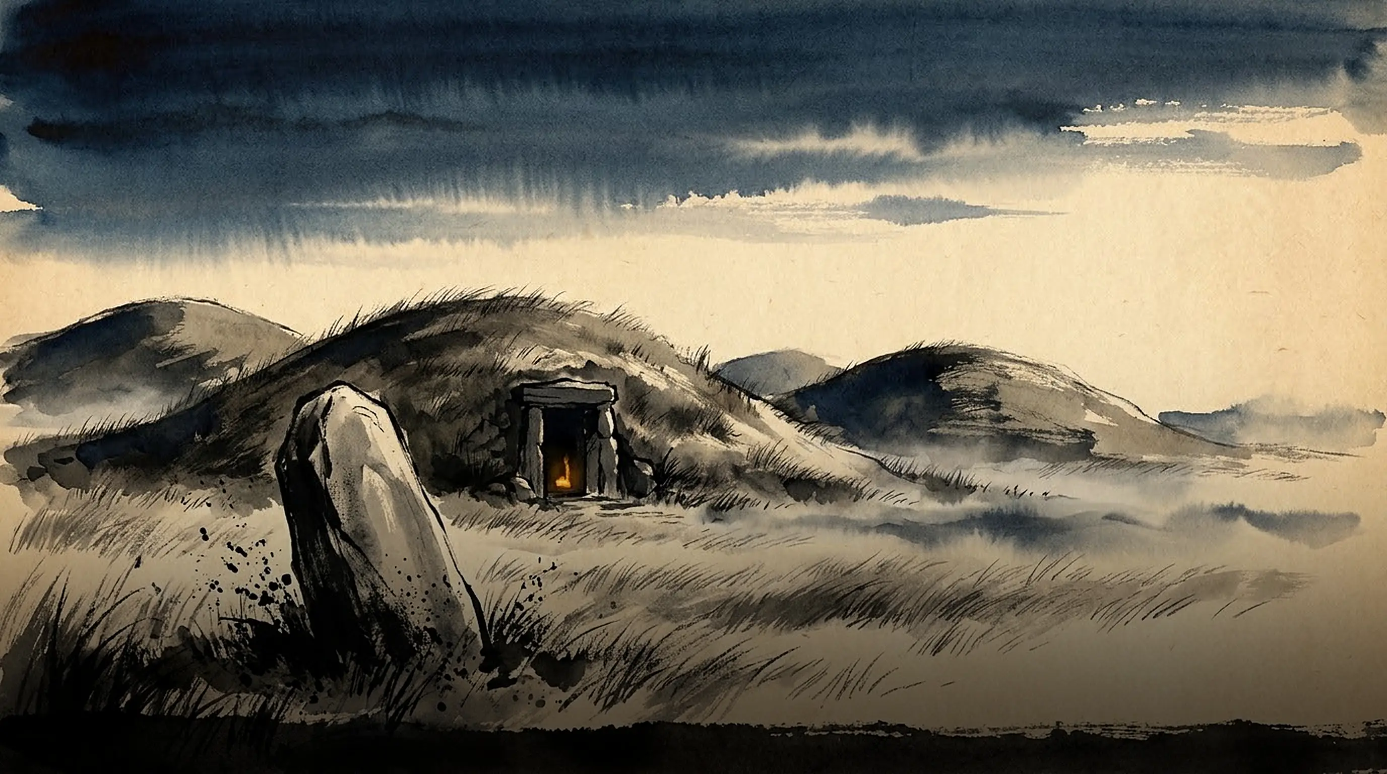Grass barrow mounds under a heavy sky in the Wayward Highlands, a leaning waystone in the foreground and one small fire burning in the black doorway of the nearest mound